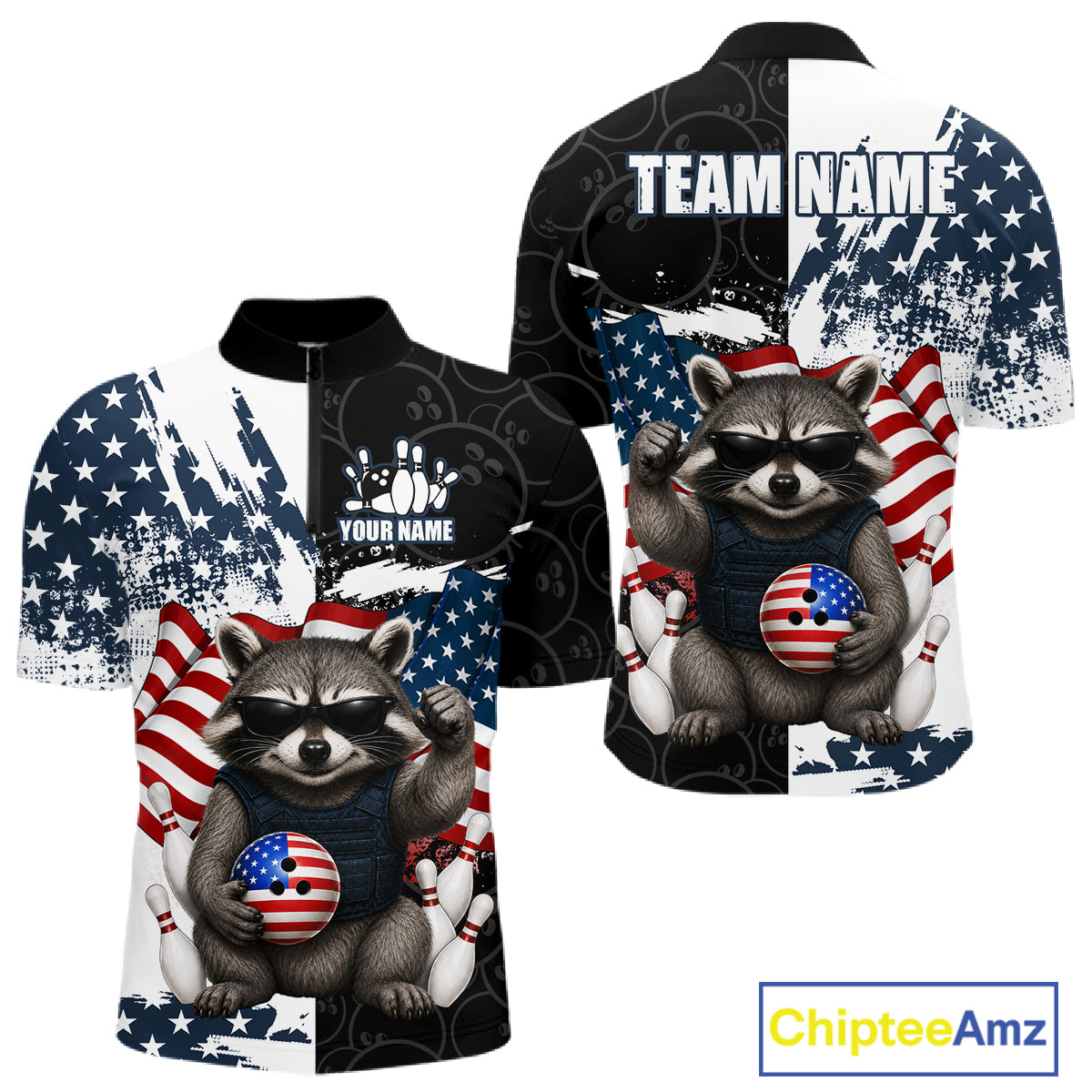 Funny Raccoon American Flag Bowling Jerseys For Men Custom Patriotic Bowling League Team Shirts TDM7456