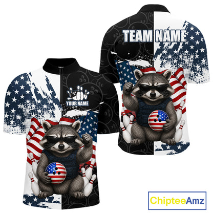 Funny Raccoon American Flag Bowling Jerseys For Men Custom Patriotic Bowling League Team Shirts TDM7456