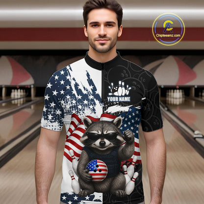 Funny Raccoon American Flag Bowling Jerseys For Men Custom Patriotic Bowling League Team Shirts TDM7456