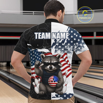 Funny Raccoon American Flag Bowling Jerseys For Men Custom Patriotic Bowling League Team Shirts TDM7456