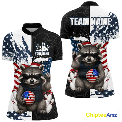 Funny Raccoon American Flag Bowling Jerseys For Women Custom Patriotic Bowling League Team Shirts TDM7456
