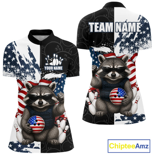 Funny Raccoon American Flag Bowling Jerseys For Women Custom Patriotic Bowling League Team Shirts TDM7456