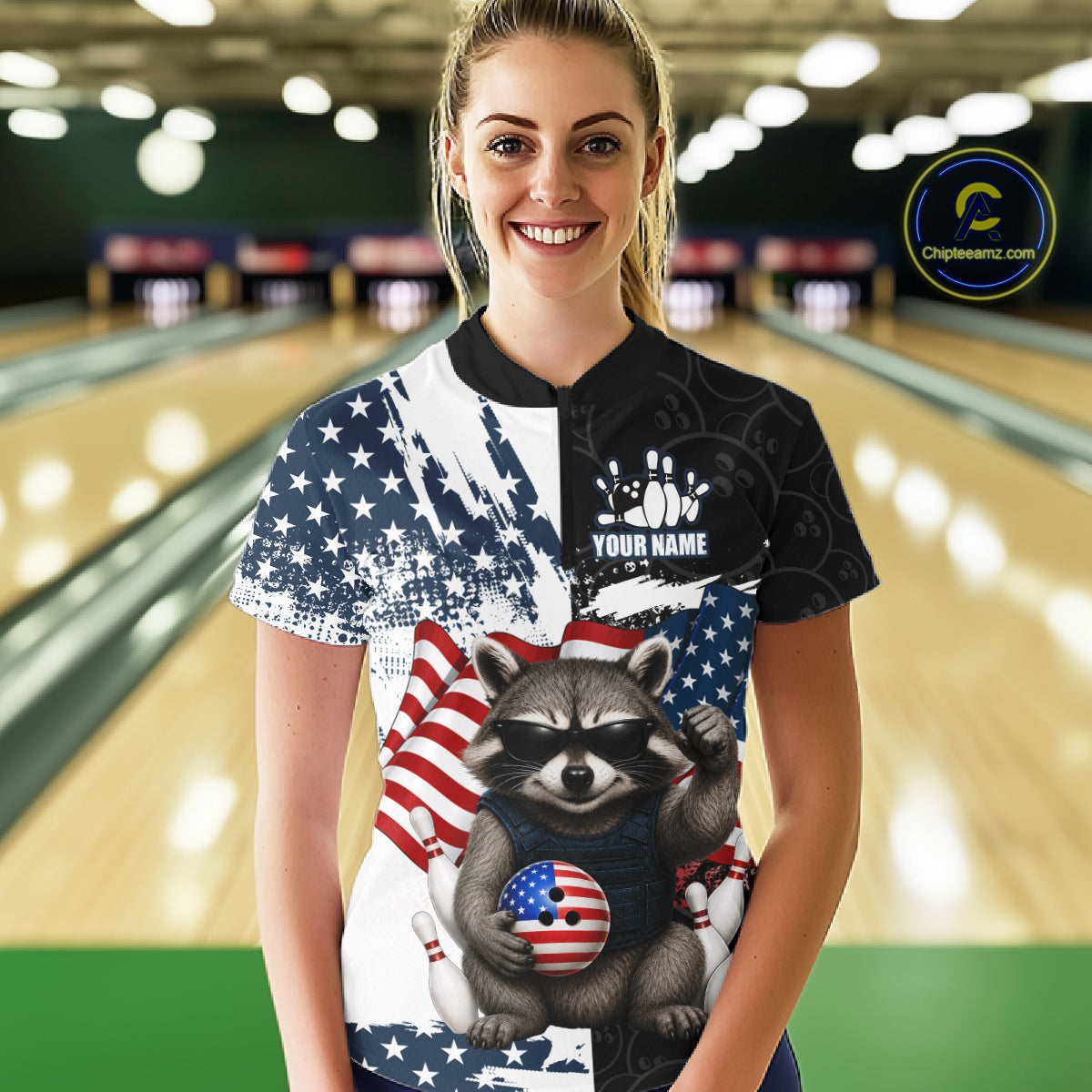 Funny Raccoon American Flag Bowling Jerseys For Women Custom Patriotic Bowling League Team Shirts TDM7456