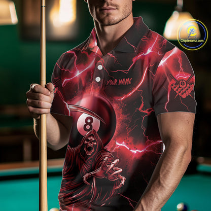 Red Grim Reaper 8 Ball Billiard Shirt For Men Custom Funny Thunder Lightning Pool Team Jersey TDM4935