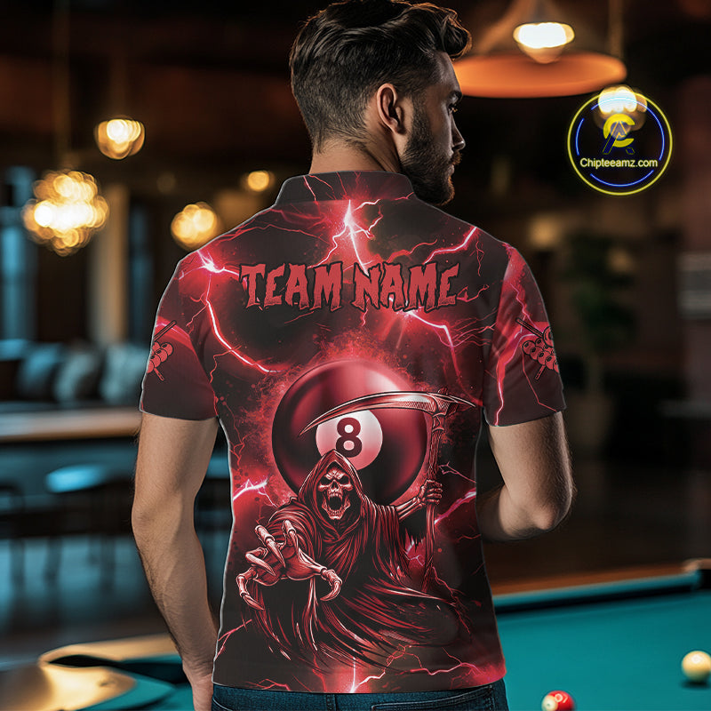 Red Grim Reaper 8 Ball Billiard Shirt For Men Custom Funny Thunder Lightning Pool Team Jersey TDM4935