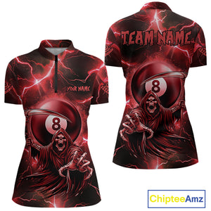Red Grim Reaper 8 Ball Billiard Shirt For Women Custom Funny Thunder Lightning Pool Team Jersey TDM4935