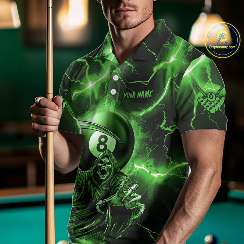 Green Grim Reaper 8 Ball Billiard Shirt For Men Custom Funny Thunder Lightning Pool Team Jersey TDM4936