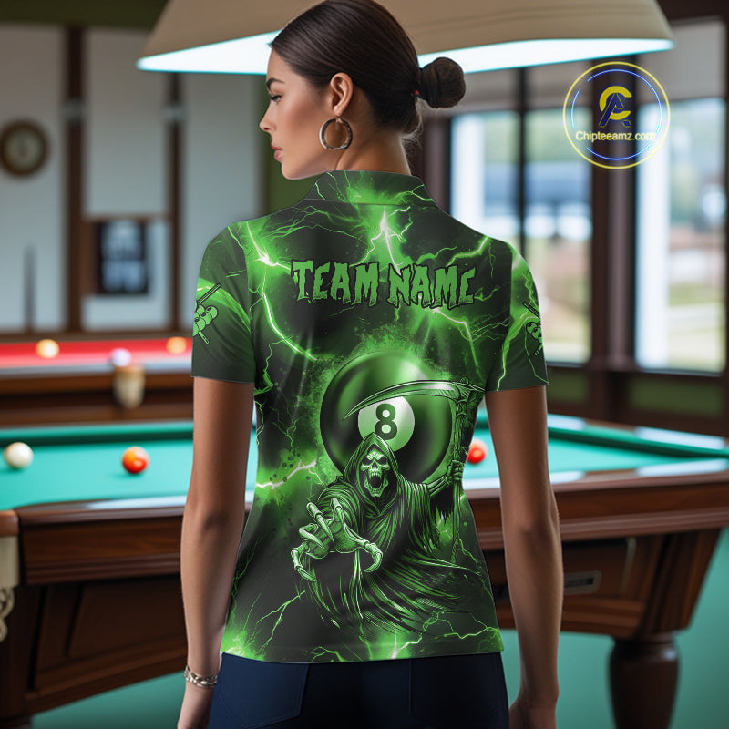 Green Grim Reaper 8 Ball Billiard Shirt For Women Custom Funny Thunder Lightning Pool Team Jersey TDM4936