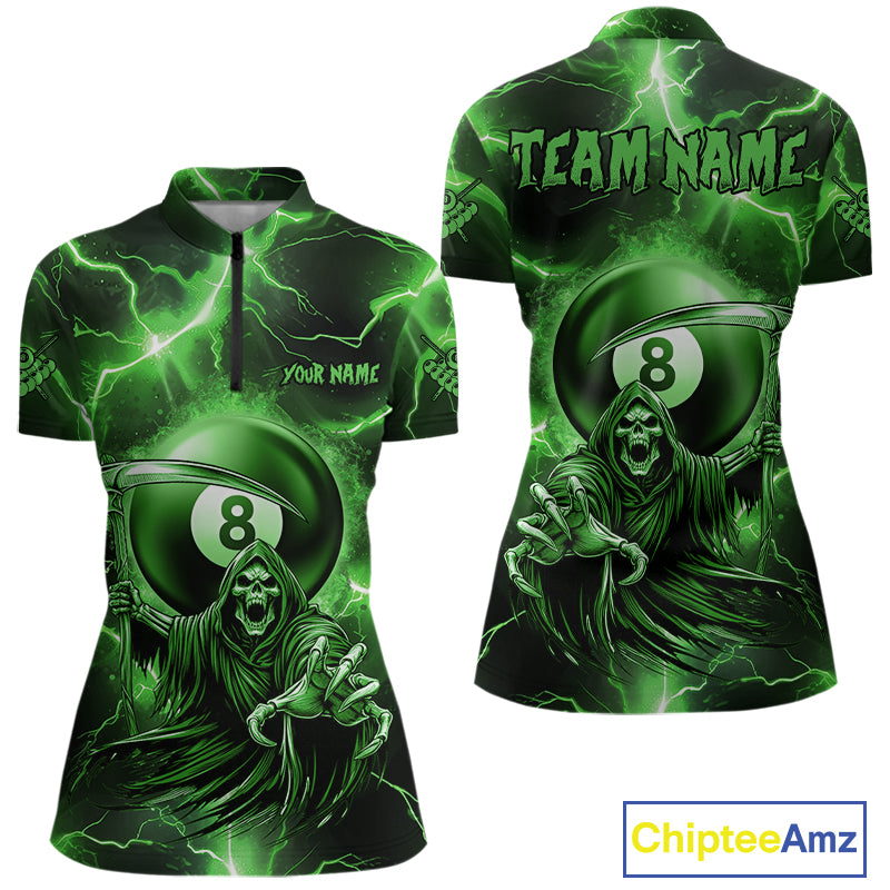 Green Grim Reaper 8 Ball Billiard Shirt For Women Custom Funny Thunder Lightning Pool Team Jersey TDM4936