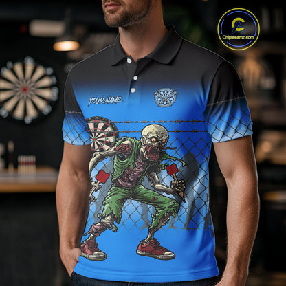 Blue Funny Zombie Dart Shirt With Pocket Option For Men Custom Darts Jersey TDM4937