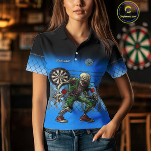 Blue Funny Zombie Dart Shirt With Pocket Option For Women Custom Darts Jersey TDM4937