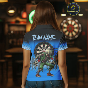 Blue Funny Zombie Dart Shirt With Pocket Option For Women Custom Darts Jersey TDM4937
