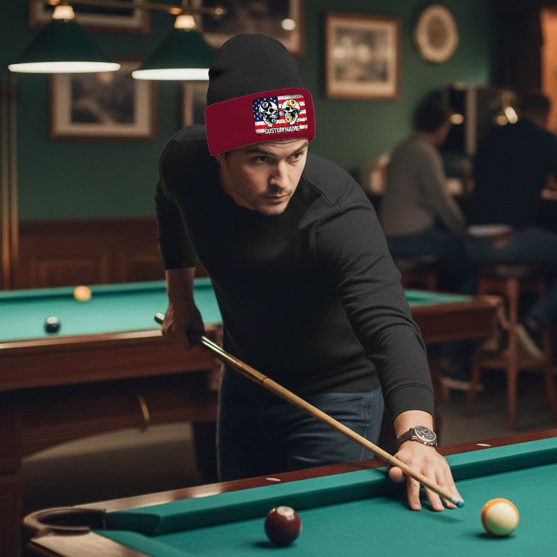 Funny Skull 8&9 Ball Billiard Knit Beanie Hat Rectangle Patch Custom US Flag Pool Player Knit Hat TDM4942