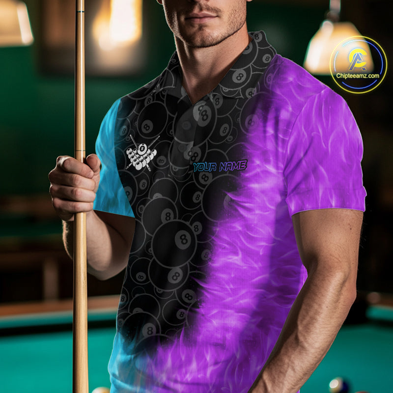 Blue And Purple Flame 8 Ball Billiard Pool Shirt For Men Custom Billiard Team Jersey Polo, 1/4 Zip TDM7772