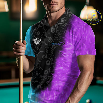 Blue And Purple Flame 8 Ball Billiard Pool Shirt For Men Custom Billiard Team Jersey Polo, 1/4 Zip TDM7772