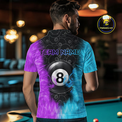 Blue And Purple Flame 8 Ball Billiard Pool Shirt For Men Custom Billiard Team Jersey Polo, 1/4 Zip TDM7772