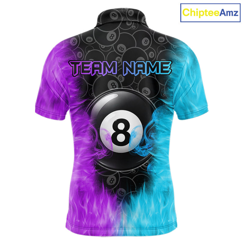 Blue And Purple Flame 8 Ball Billiard Pool Shirt For Men Custom Billiard Team Jersey Polo, 1/4 Zip TDM7772