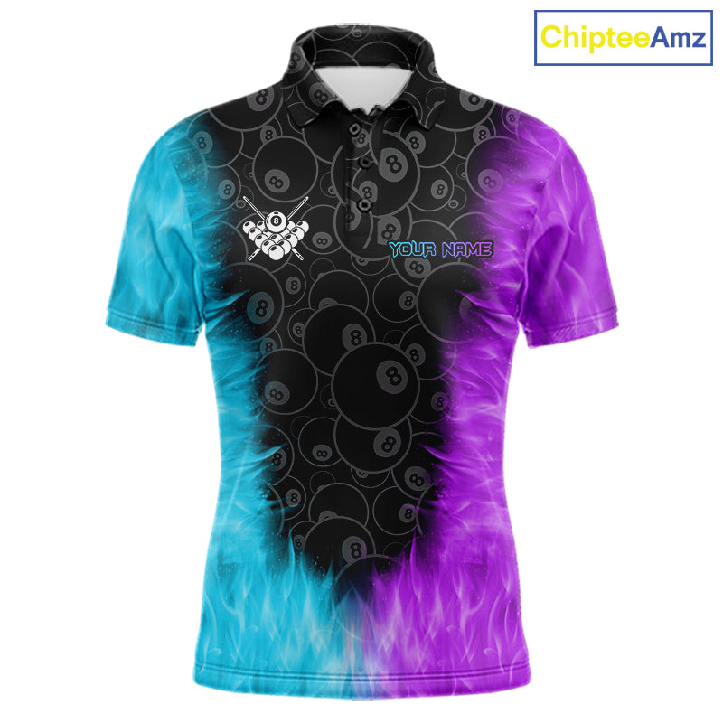 Blue And Purple Flame 8 Ball Billiard Pool Shirt For Men Custom Billiard Team Jersey Polo, 1/4 Zip TDM7772