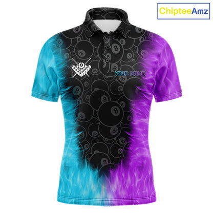 Blue And Purple Flame 8 Ball Billiard Pool Shirt For Men Custom Billiard Team Jersey Polo, 1/4 Zip TDM7772