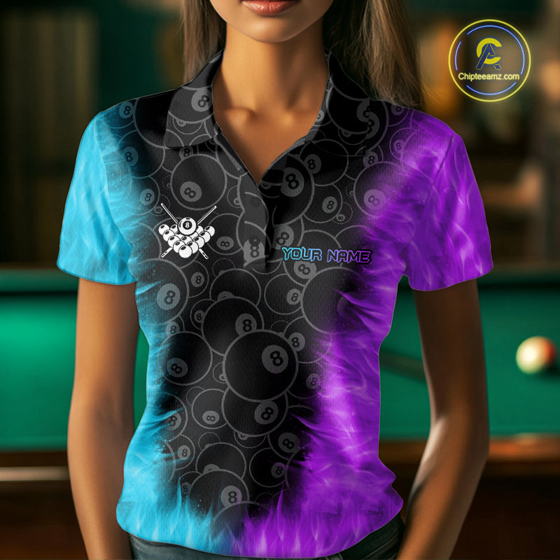 Blue And Purple Flame 8 Ball Billiard Pool Shirt For Women Custom Billiard Team Jersey Polo, 1/4 Zip TDM7772