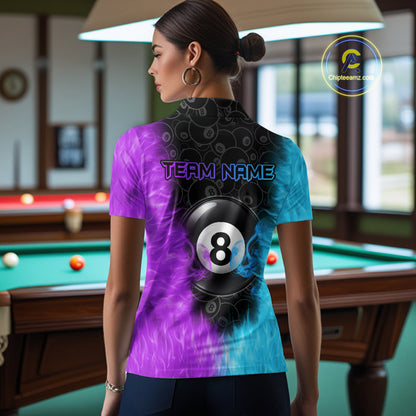 Blue And Purple Flame 8 Ball Billiard Pool Shirt For Women Custom Billiard Team Jersey Polo, 1/4 Zip TDM7772