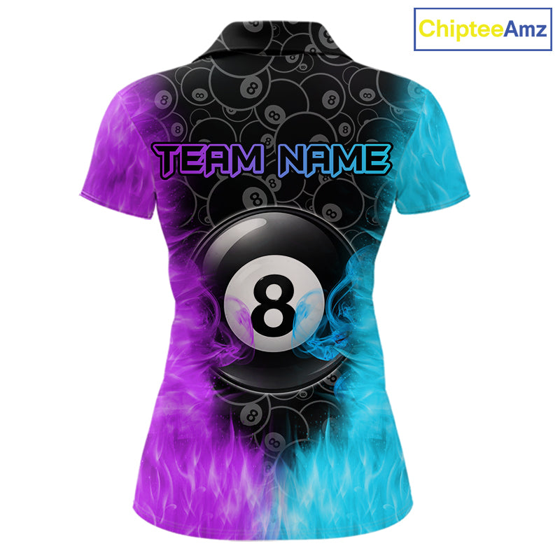 Blue And Purple Flame 8 Ball Billiard Pool Shirt For Women Custom Billiard Team Jersey Polo, 1/4 Zip TDM7772