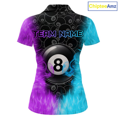 Blue And Purple Flame 8 Ball Billiard Pool Shirt For Women Custom Billiard Team Jersey Polo, 1/4 Zip TDM7772