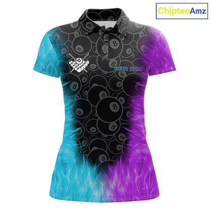 Blue And Purple Flame 8 Ball Billiard Pool Shirt For Women Custom Billiard Team Jersey Polo, 1/4 Zip TDM7772