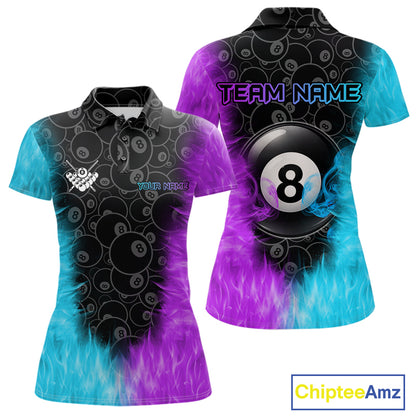 Blue And Purple Flame 8 Ball Billiard Pool Shirt For Women Custom Billiard Team Jersey Polo, 1/4 Zip TDM7772