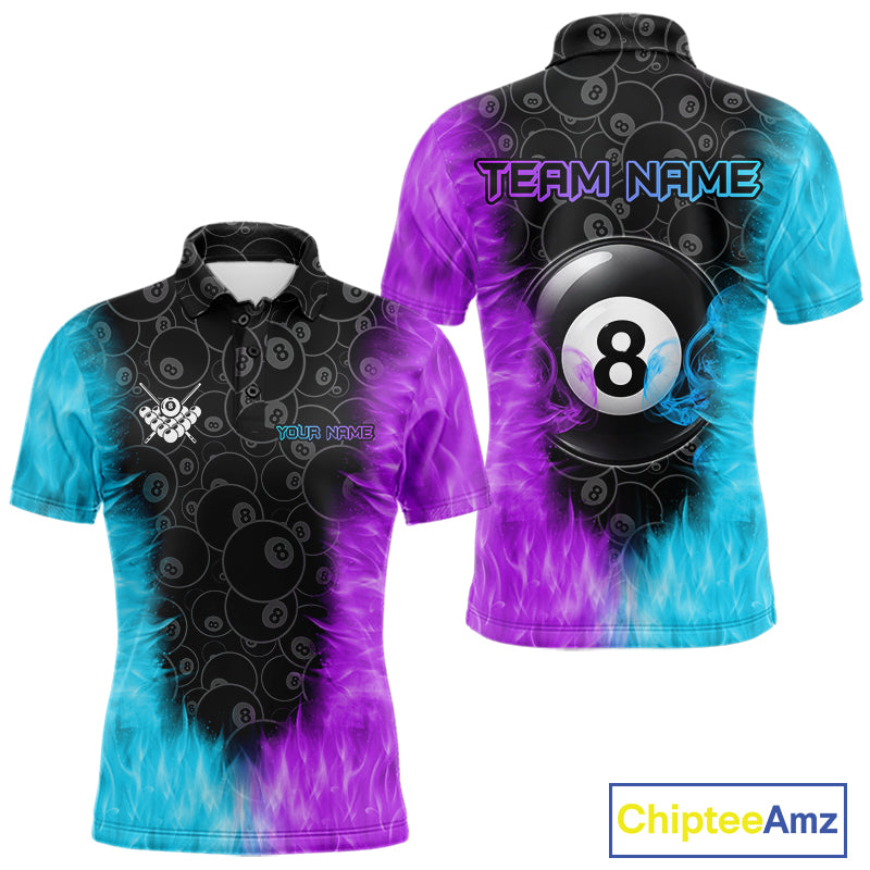 Blue And Purple Flame 8 Ball Billiard Pool Shirt For Men Custom Billiard Team Jersey Polo, 1/4 Zip TDM7772