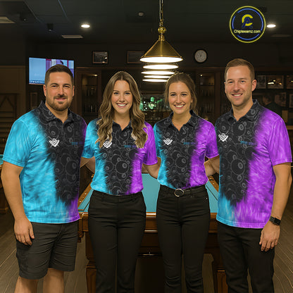 Blue And Purple Flame 8 Ball Billiard Pool Shirt For Men Custom Billiard Team Jersey Polo, 1/4 Zip TDM7772