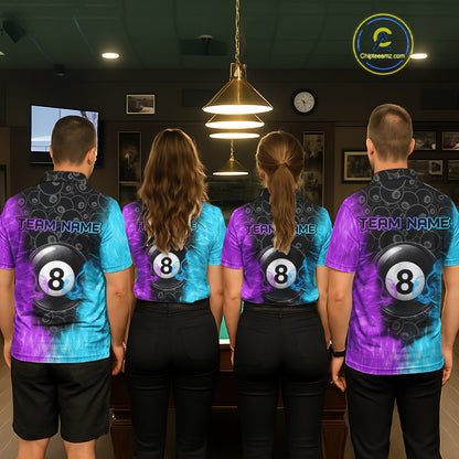 Blue And Purple Flame 8 Ball Billiard Pool Shirt For Men Custom Billiard Team Jersey Polo, 1/4 Zip TDM7772