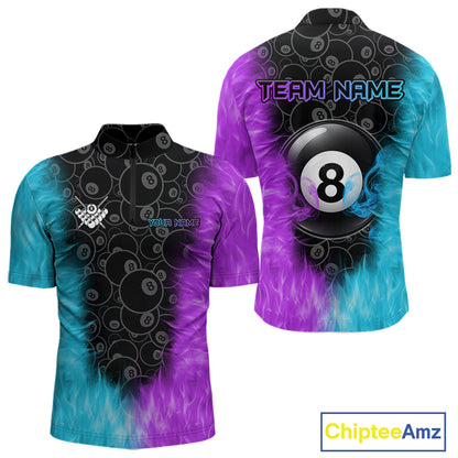 Blue And Purple Flame 8 Ball Billiard Pool Shirt For Men Custom Billiard Team Jersey Polo, 1/4 Zip TDM7772