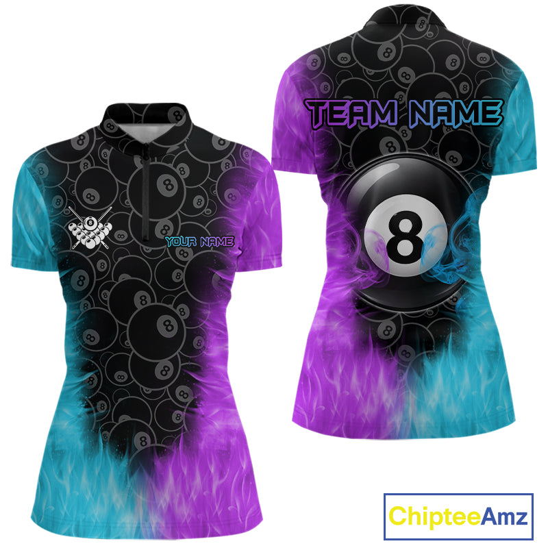 Blue And Purple Flame 8 Ball Billiard Pool Shirt For Women Custom Billiard Team Jersey Polo, 1/4 Zip TDM7772