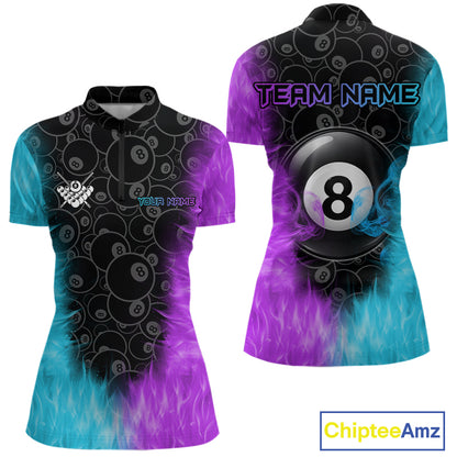 Blue And Purple Flame 8 Ball Billiard Pool Shirt For Women Custom Billiard Team Jersey Polo, 1/4 Zip TDM7772