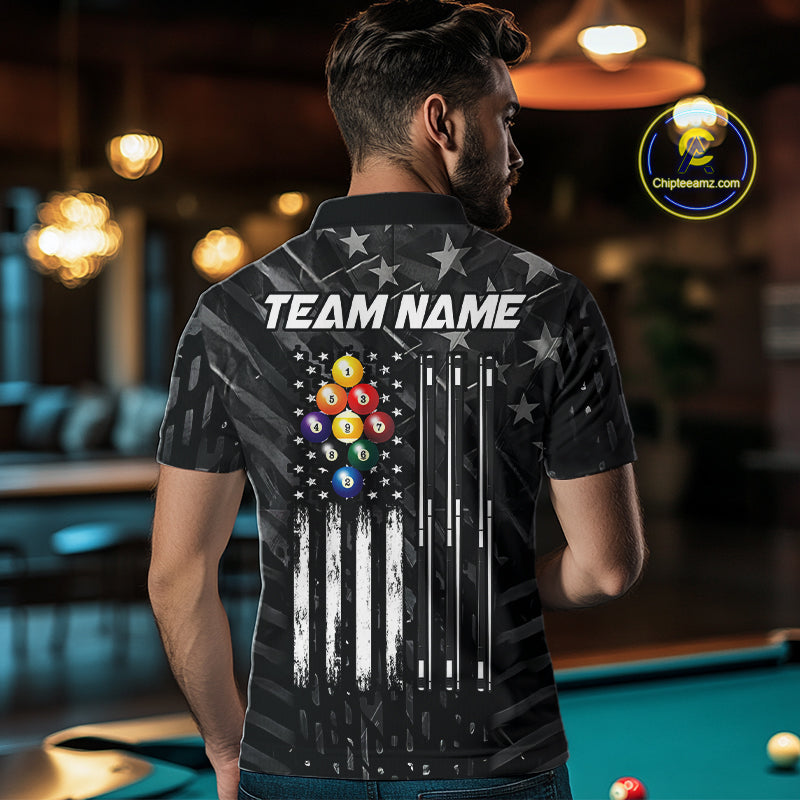 Black US Flag 9 Ball Billiard Shirts For Men Custom Patriotic Billiard Team Shirts, Pool Jerseys TDM7773