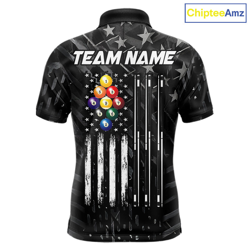 Black US Flag 9 Ball Billiard Shirts For Men Custom Patriotic Billiard Team Shirts, Pool Jerseys TDM7773