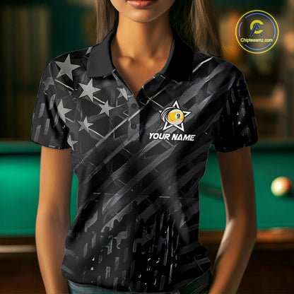 Black US Flag 9 Ball Billiard Shirts For Women Custom Patriotic Billiard Team Shirts, Pool Jerseys TDM7773
