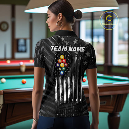 Black US Flag 9 Ball Billiard Shirts For Women Custom Patriotic Billiard Team Shirts, Pool Jerseys TDM7773