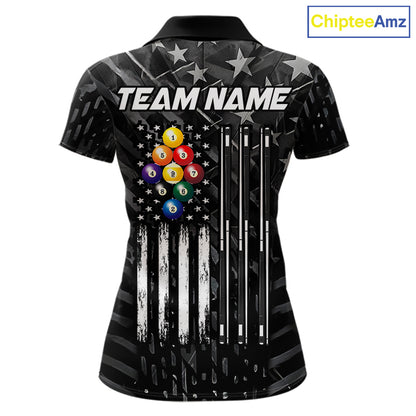 Black US Flag 9 Ball Billiard Shirts For Women Custom Patriotic Billiard Team Shirts, Pool Jerseys TDM7773
