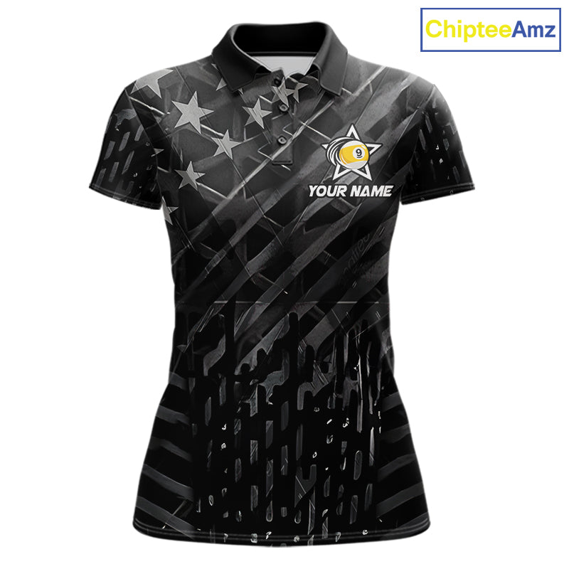 Black US Flag 9 Ball Billiard Shirts For Women Custom Patriotic Billiard Team Shirts, Pool Jerseys TDM7773