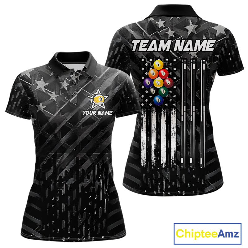 Black US Flag 9 Ball Billiard Shirts For Women Custom Patriotic Billiard Team Shirts, Pool Jerseys TDM7773