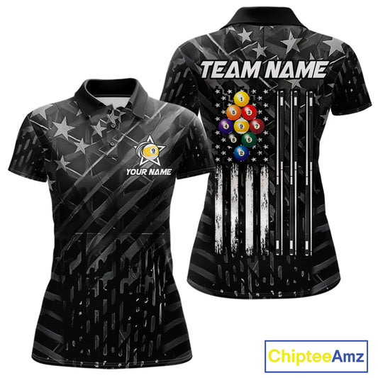 Black US Flag 9 Ball Billiard Shirts For Women Custom Patriotic Billiard Team Shirts, Pool Jerseys TDM7773