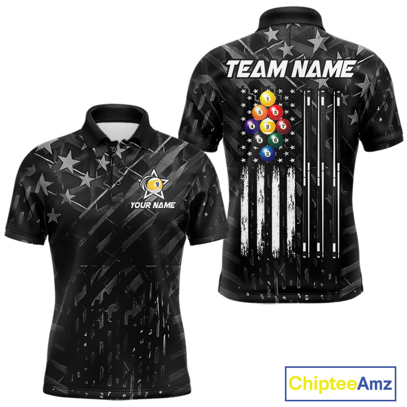Black US Flag 9 Ball Billiard Shirts For Men Custom Patriotic Billiard Team Shirts, Pool Jerseys TDM7773