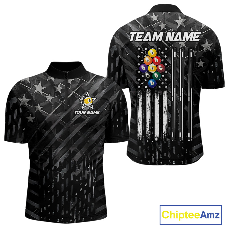 Black US Flag 9 Ball Billiard Shirts For Men Custom Patriotic Billiard Team Shirts, Pool Jerseys TDM7773