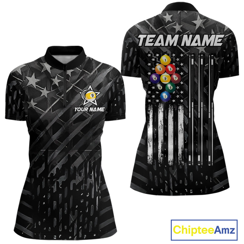 Black US Flag 9 Ball Billiard Shirts For Women Custom Patriotic Billiard Team Shirts, Pool Jerseys TDM7773