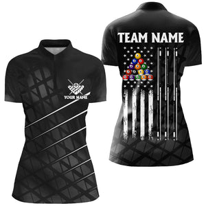 Personalized Black Grunge American Flag Women Billiard Shirts Custom Patriotic Pool Player Jerseys TDM2910