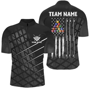 Personalized Black Grunge American Flag Men Billiard Shirts Custom Patriotic Pool Player Jerseys TDM2910