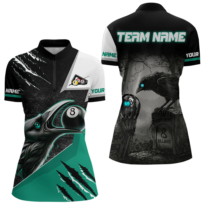 Personalized 8 Ball Pool Crows Billiard Shirts For Women,  Billiard Team Jersey |Turquoise TDM3153