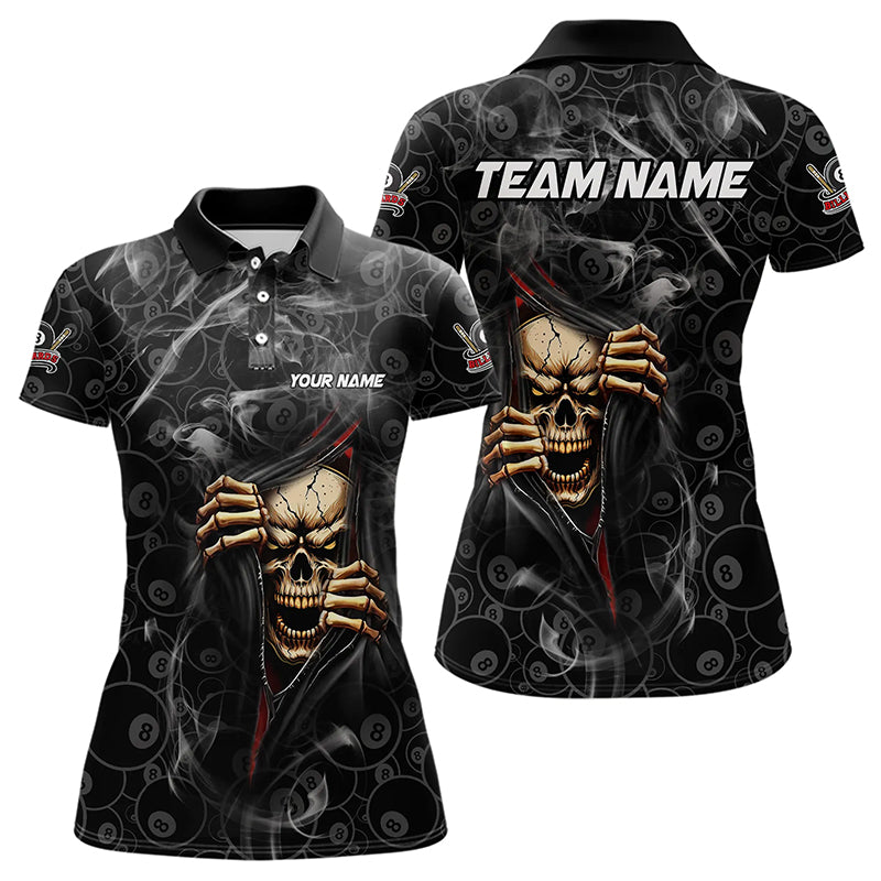 Personalized Skull 8 Ball Smoke Pattern Billiard Shirts For Women, 8 Ball Pool Black Billiard Jerseys TDM3157